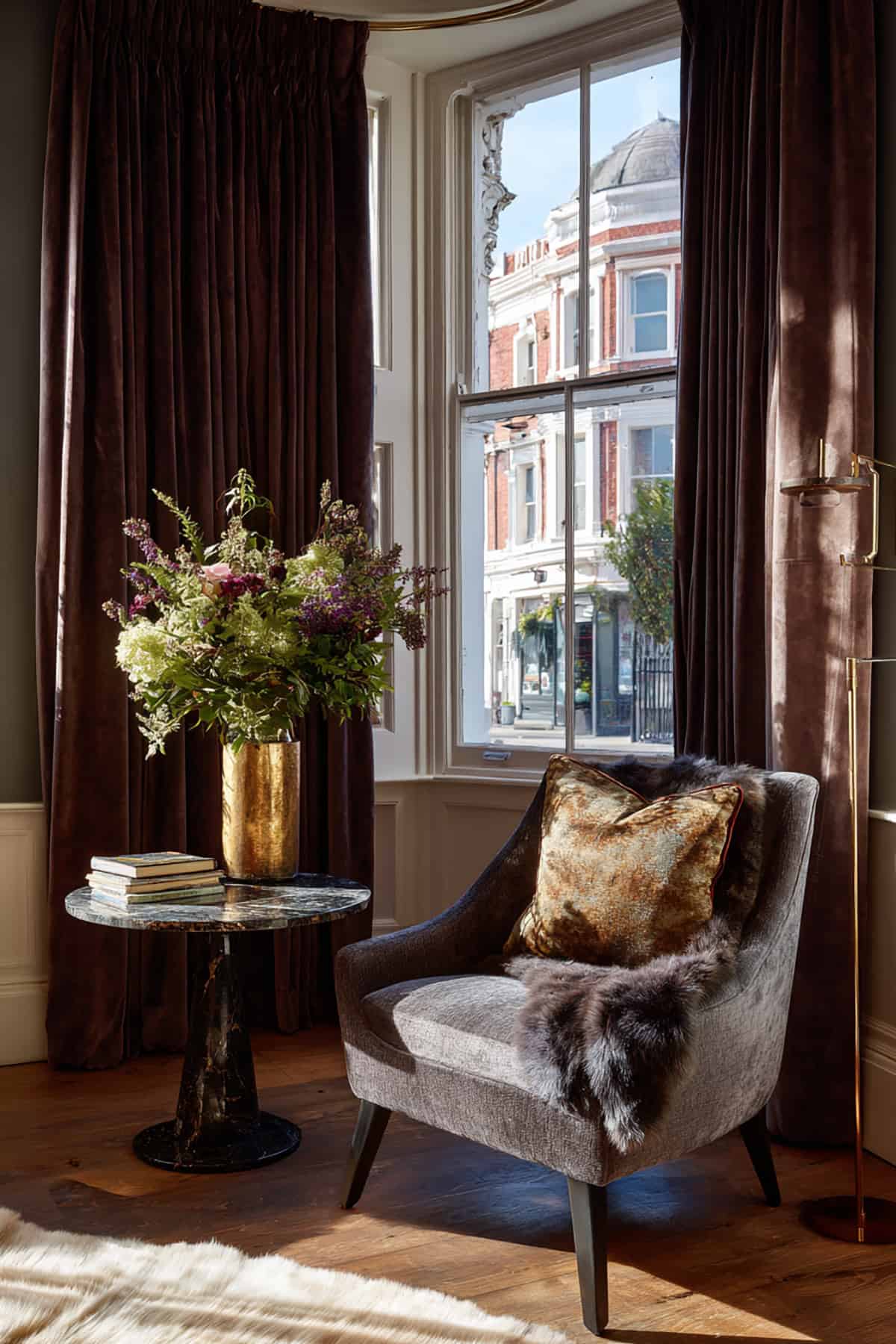 Luxury Bay With Velvet Drapes And A Marble Side Table