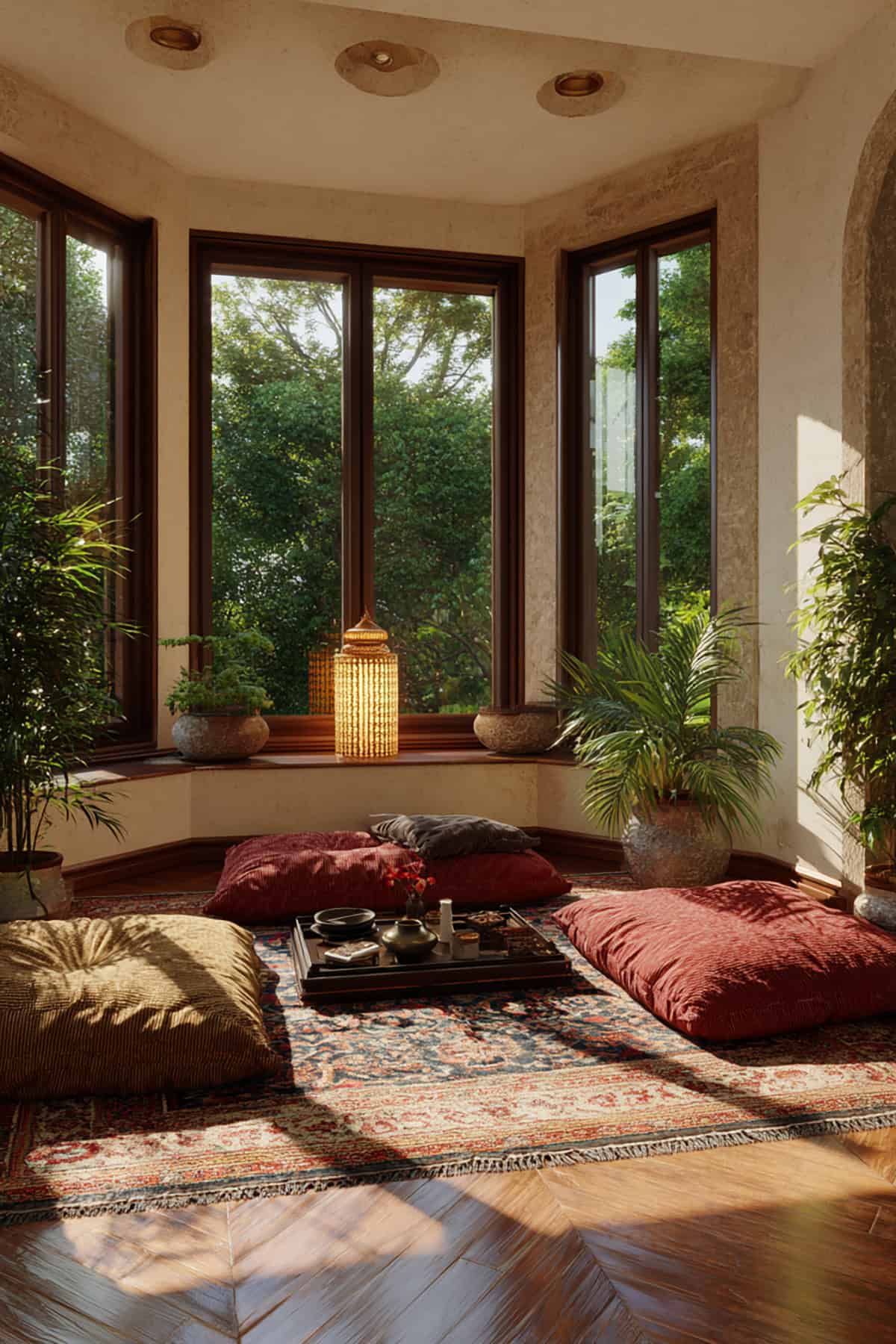 Meditation Bay With Floor Cushions And Low Lighting