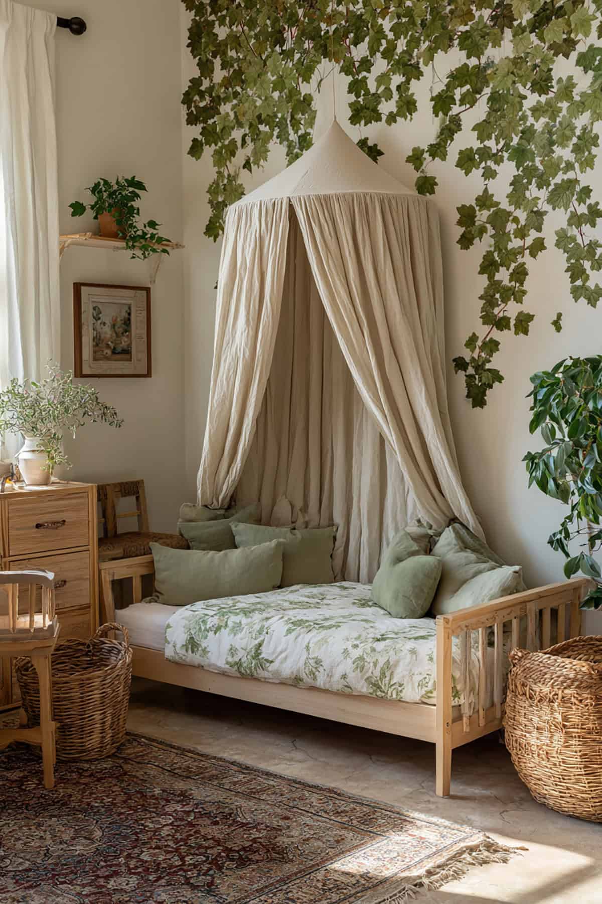 Nature Leaf Decals With Linen Canopy And Soft Green Touches