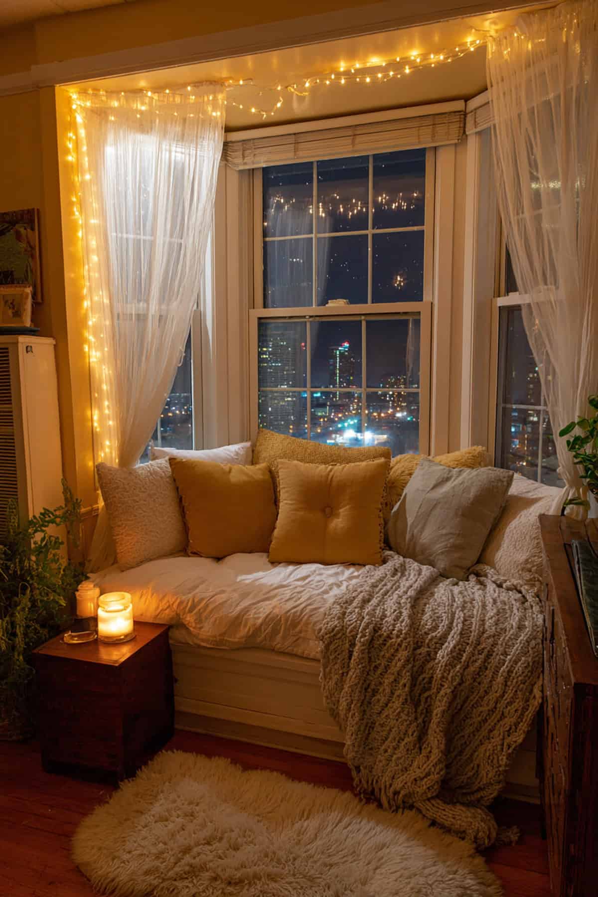 Nighttime Bay With String Lights And Soft Layers
