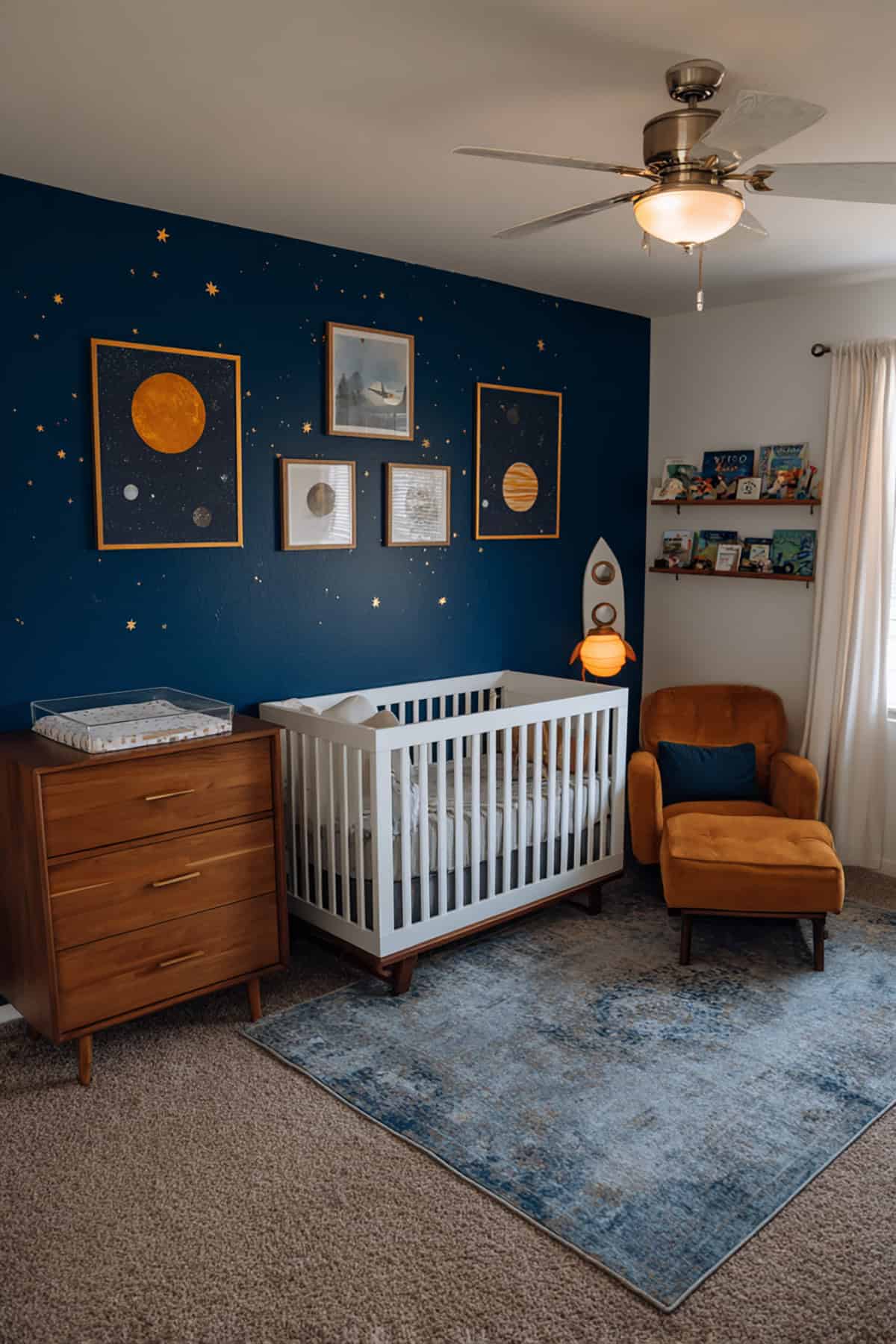 Outer Space Explorer Nursery in Deep Blue + Gold