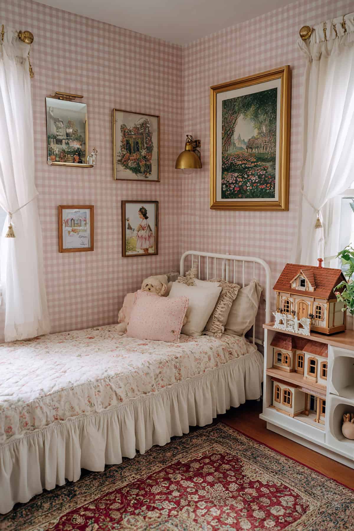 Pink Gingham Walls With Vintage Dollhouse Vibes