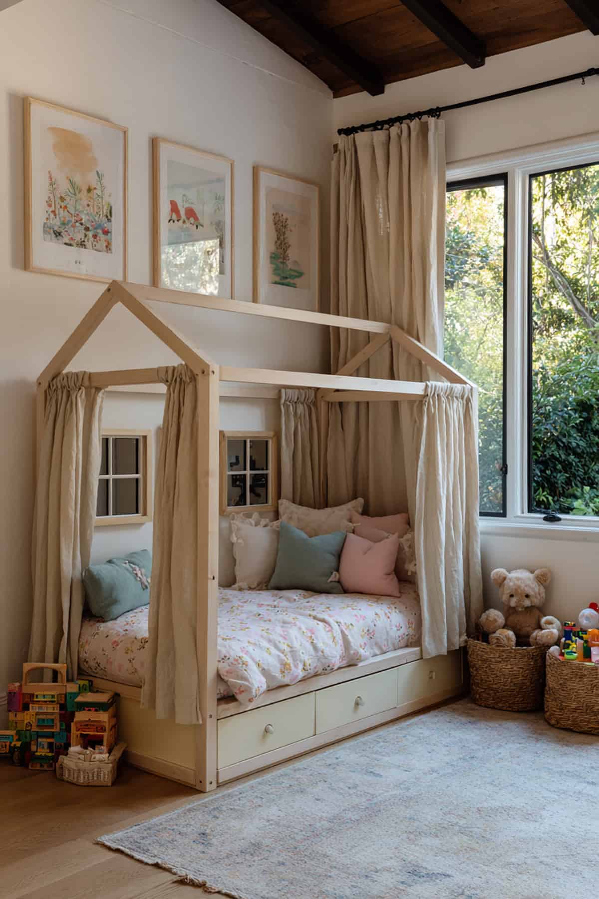 Playhouse Bed With Window Cutouts And Linen Curtains
