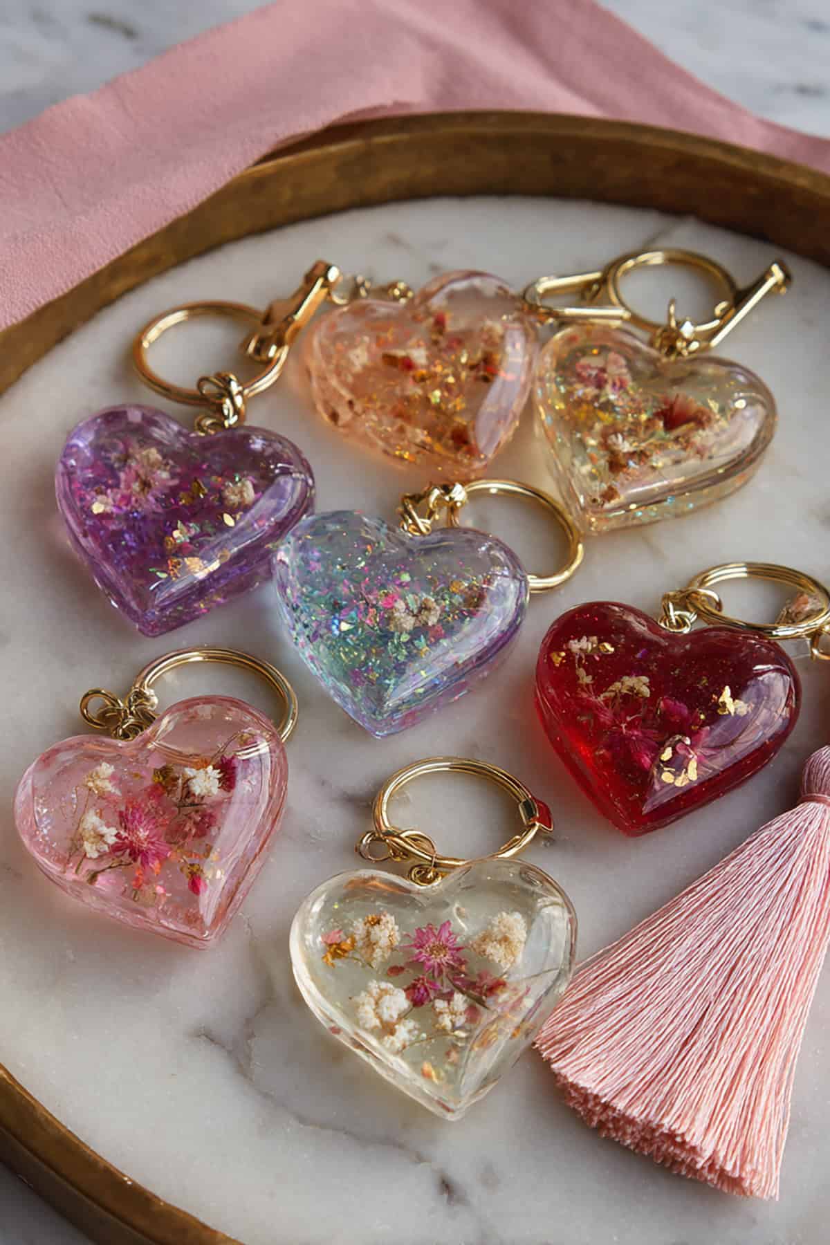 Resin Glitter Heart Keychains With Embedded Flowers