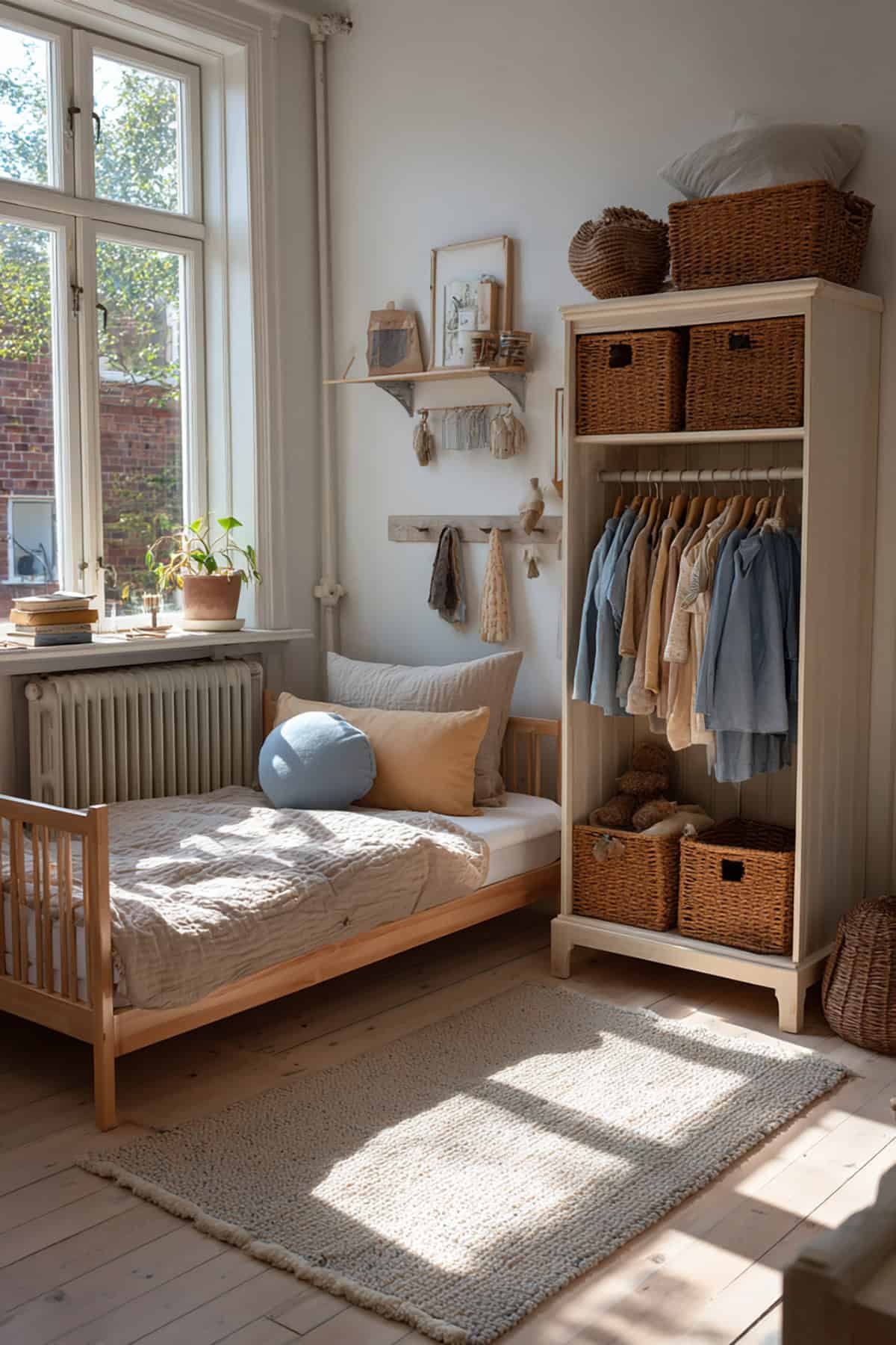 Scandinavian Toddler Room With Open Wardrobe At Kid Height