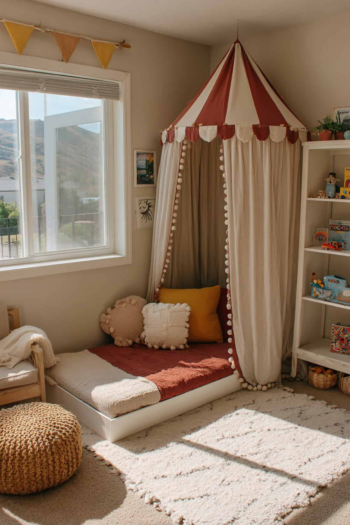 Soft Circus Theme With A Stripe Canopy And Minimal Decor