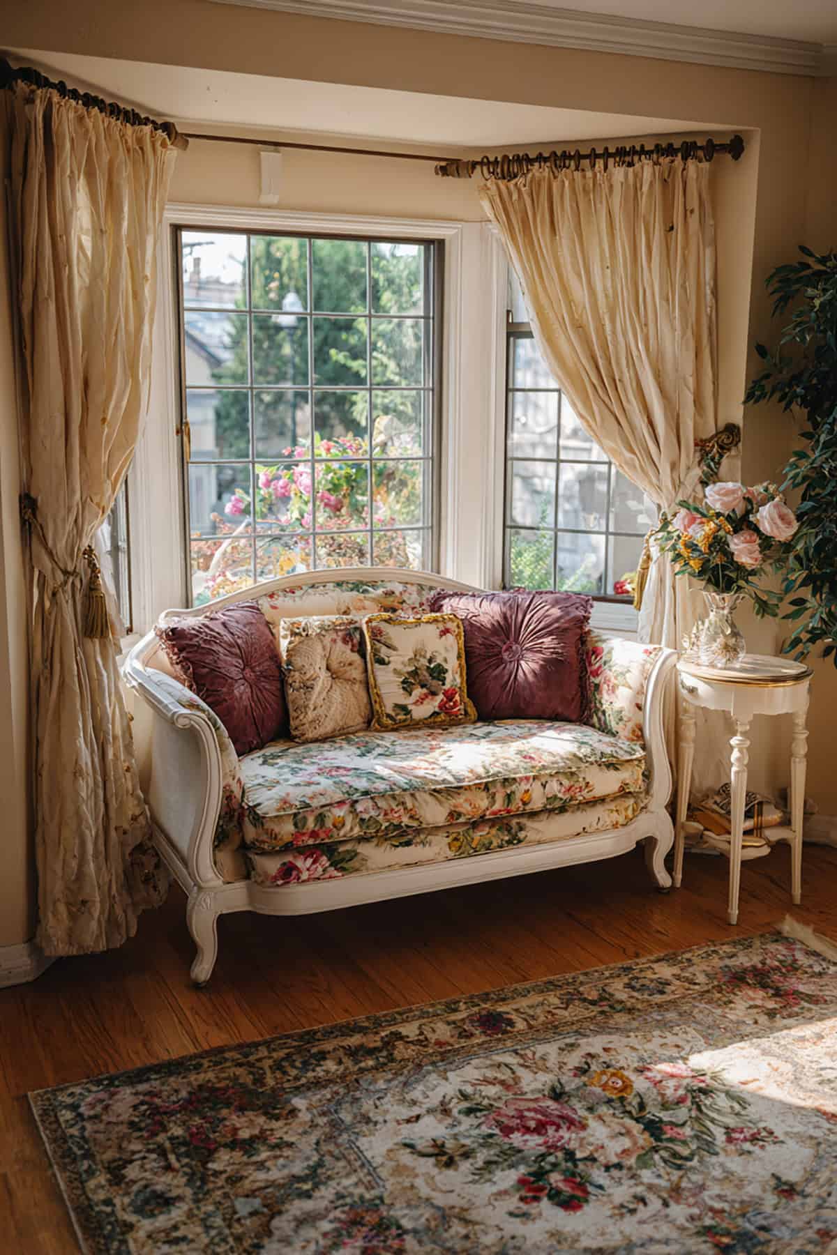Soft Cottage Bay With Florals And Curved Furniture