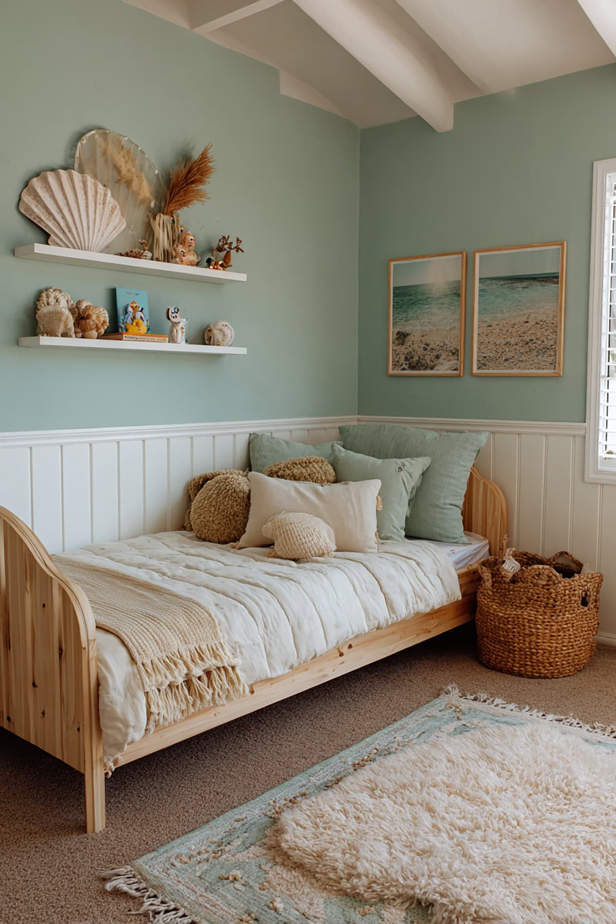 Soft Mermaid Room With Seafoam Accents And Shell Wall Art