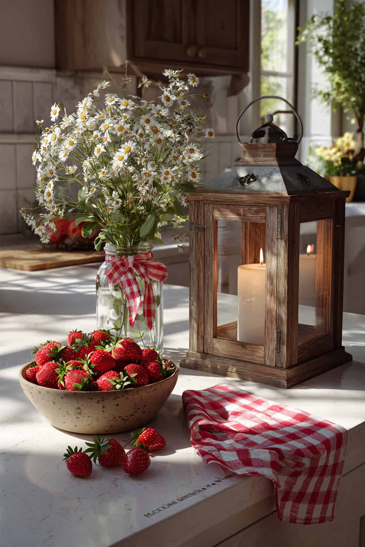 Strawberry Patch Spring Lantern Kitchen Vignette