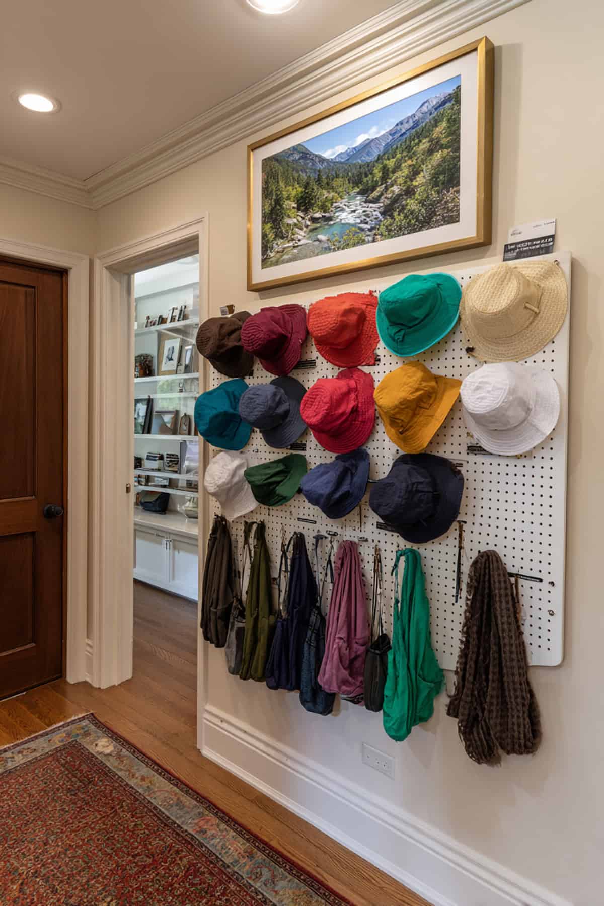 Travel Hat and Scarf Peg Wall With Labels