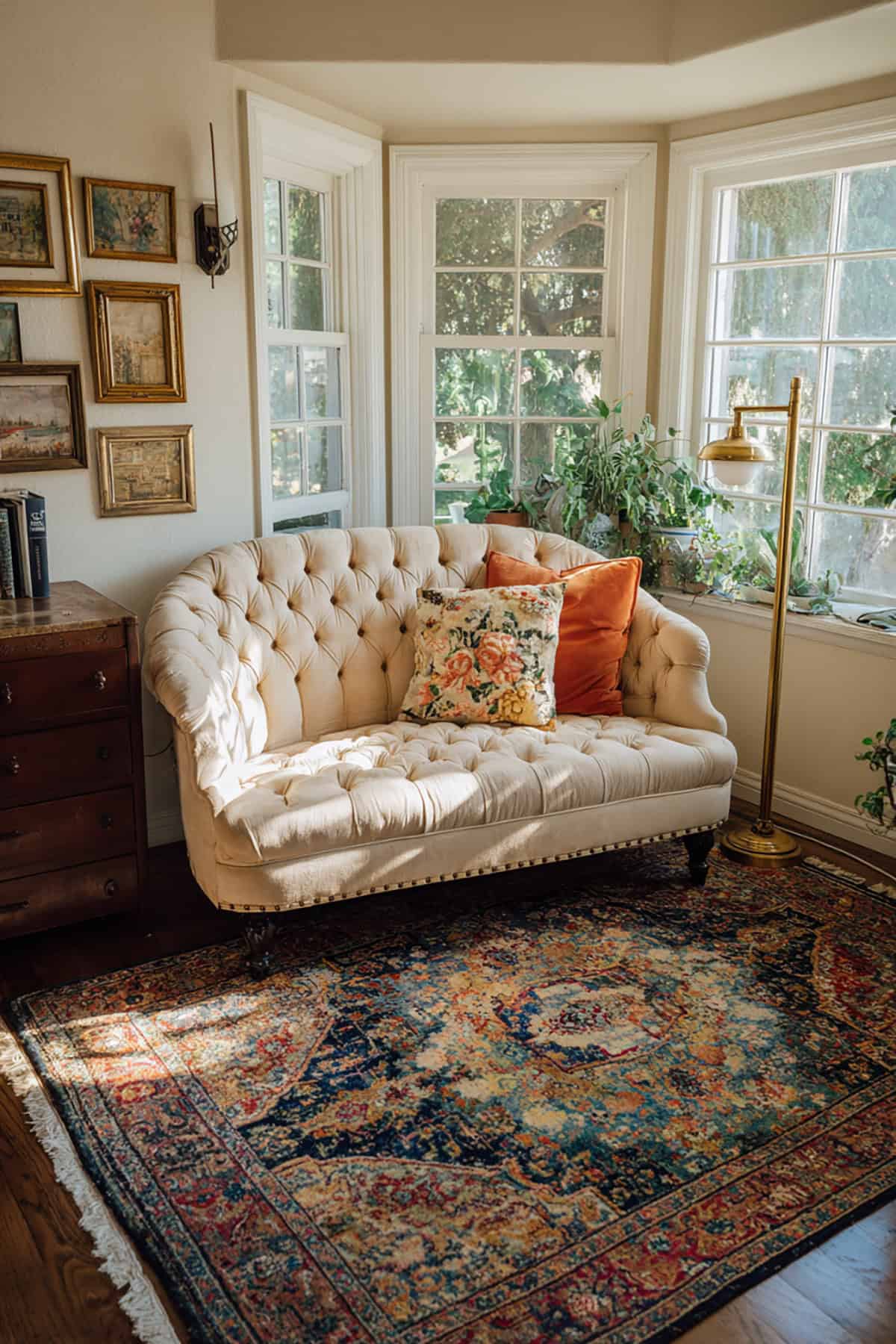 Vintage Bay With An Antique Settee And Gallery Frames