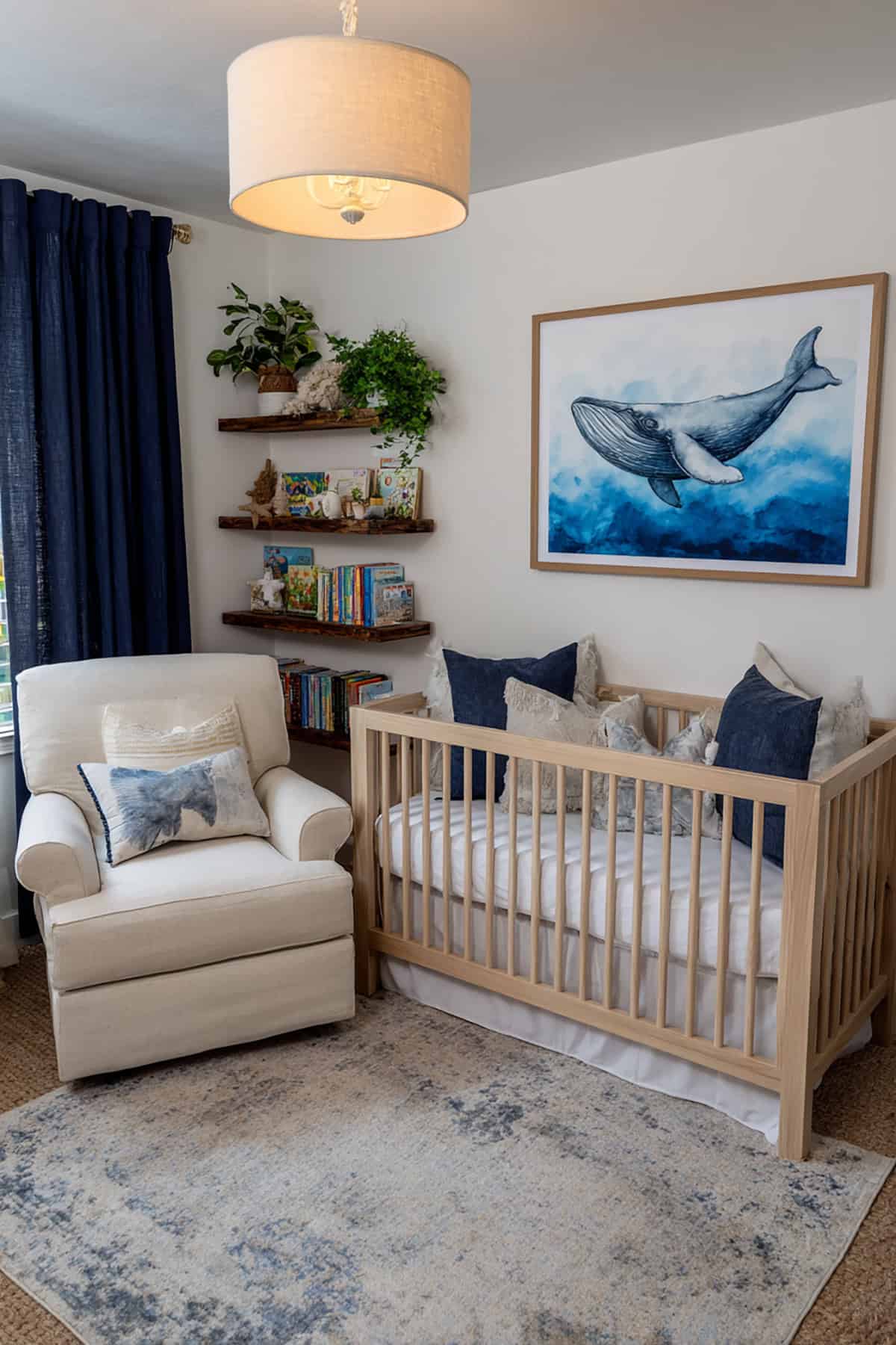 Whale + Ocean Breeze Nursery With Soft Navy Accents