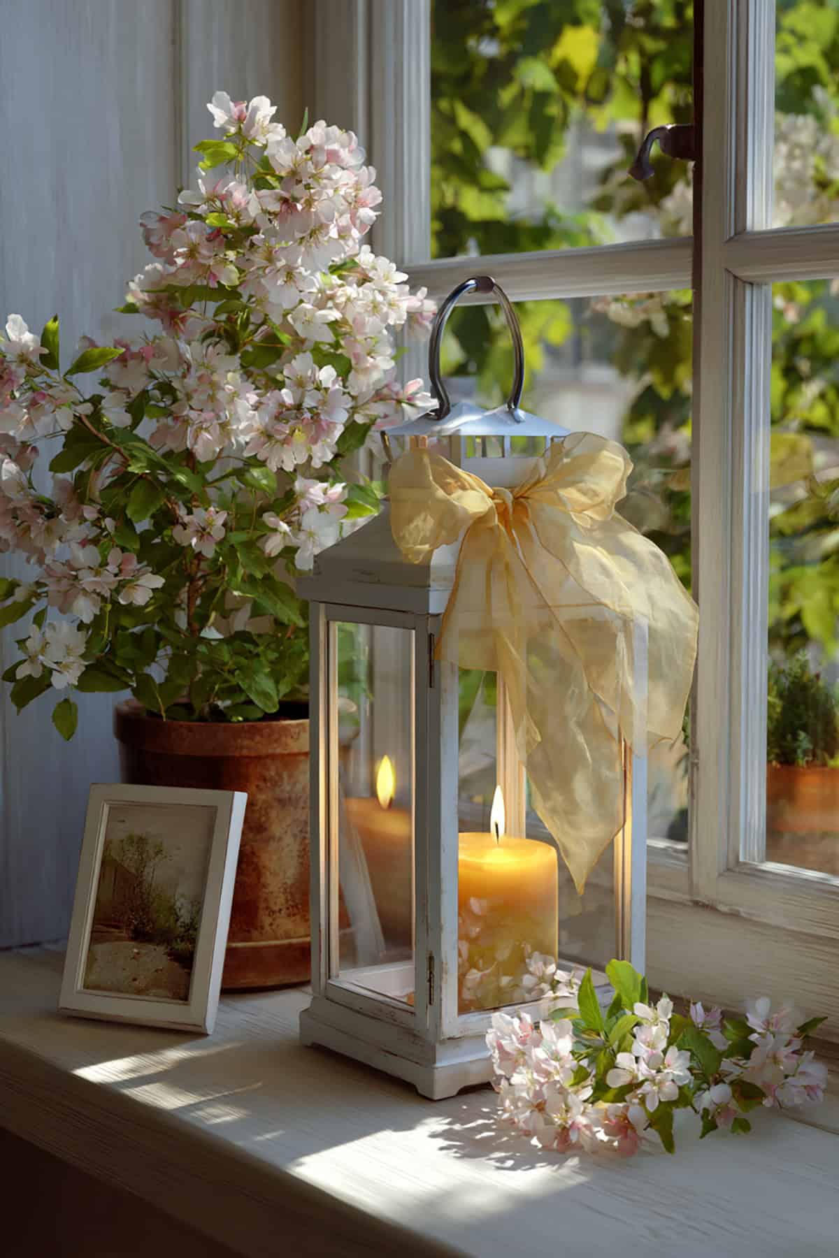 Window Sill Lantern With Sheer Ribbon Bow