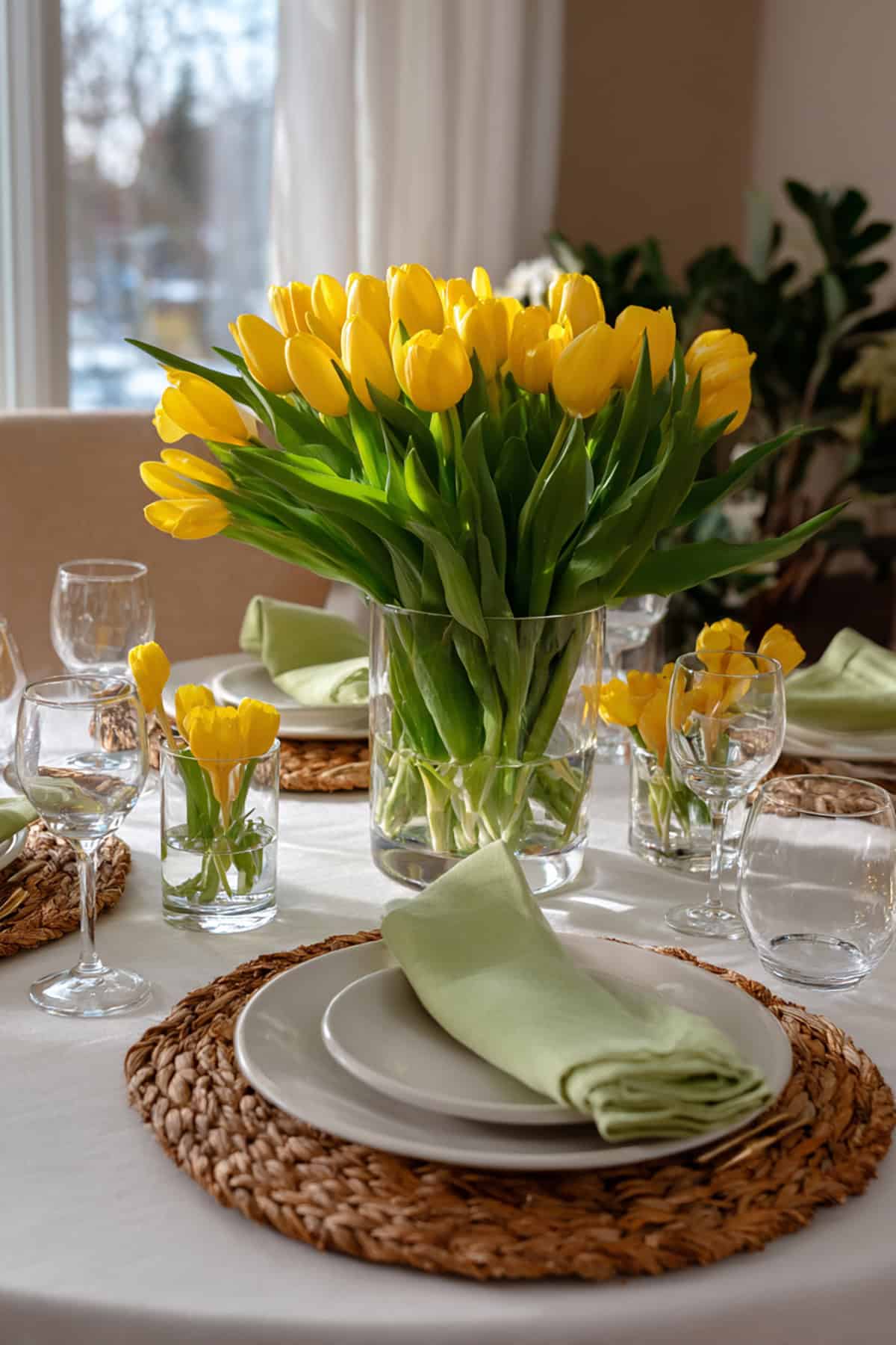 Yellow Tulips + Rattan Chargers