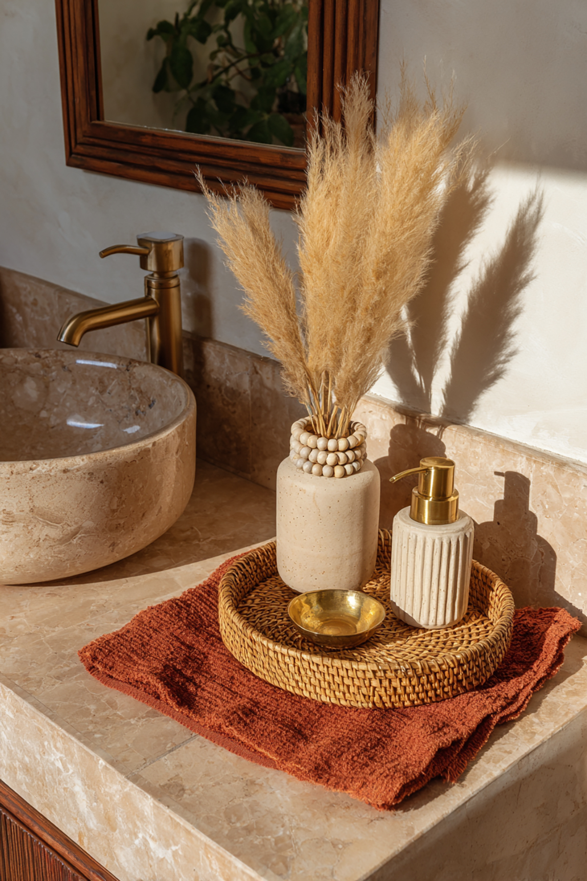 Boho Counter Styling With Rattan, Beads, and Warm Neutrals