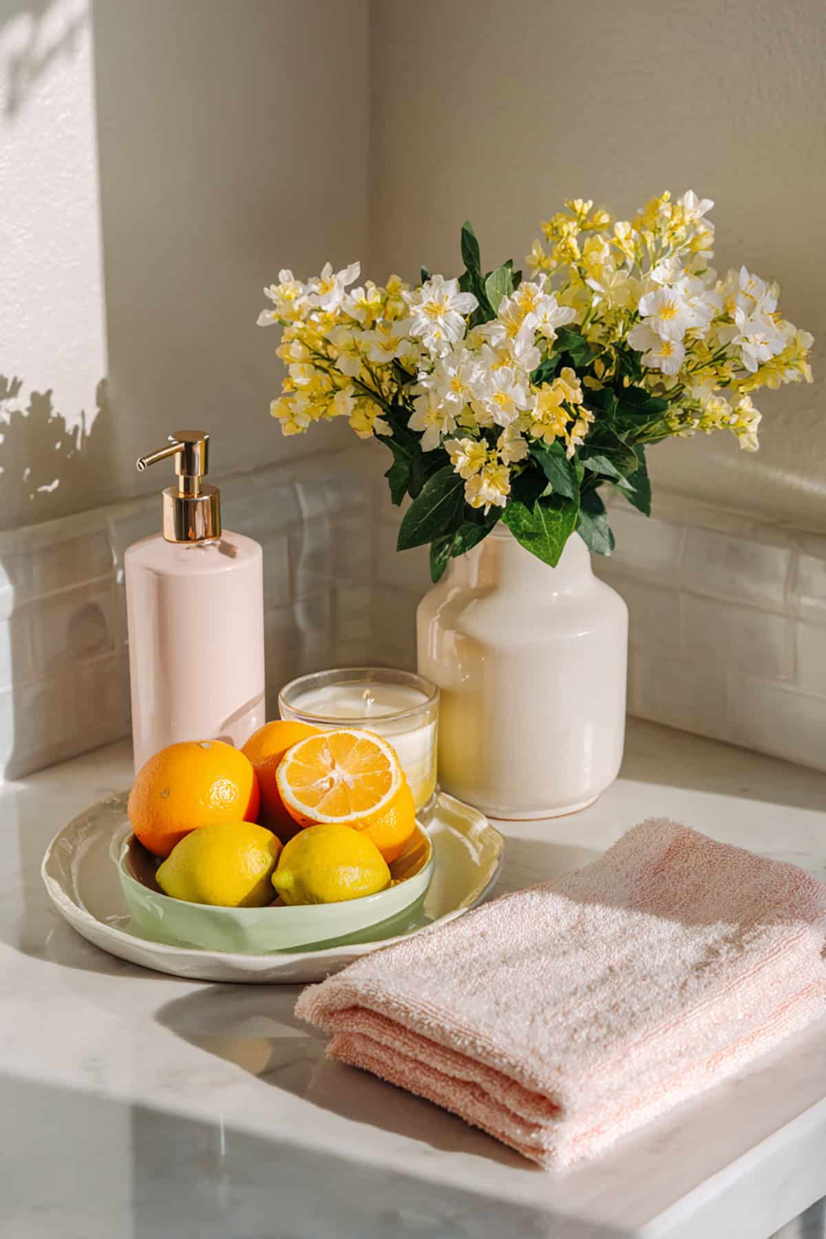 Fresh Spring Counter With Citrus and Light Florals