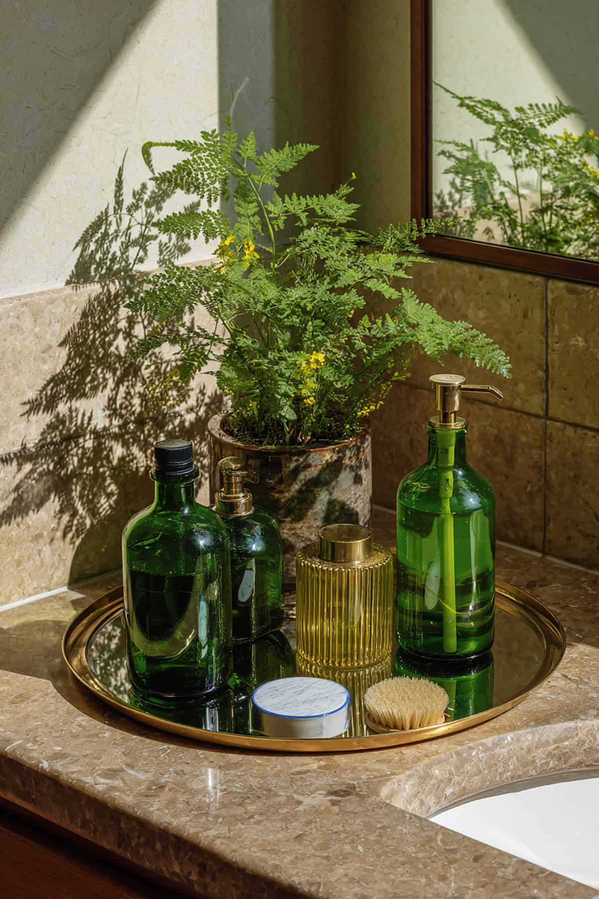 Green Glass and Botanicals on a Brass Mirror Base