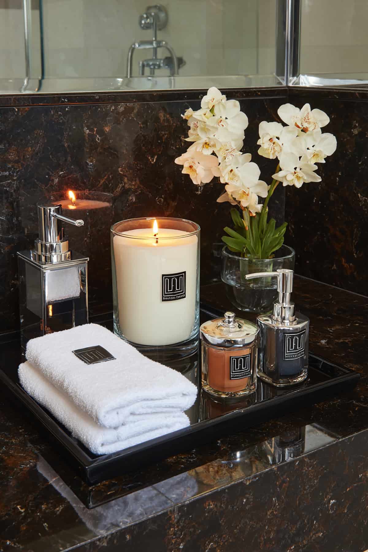 Lux Vanity Tray With Candle and Monogram Towel