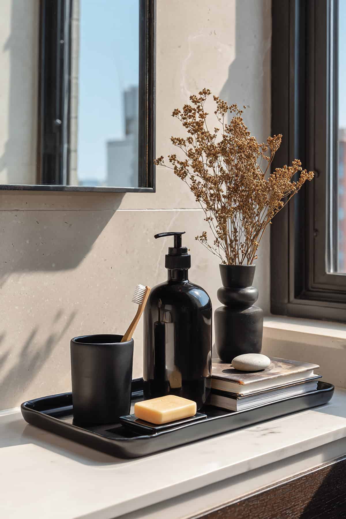 Modern Black Tray With Minimal Toiletries and Sculptural Vase