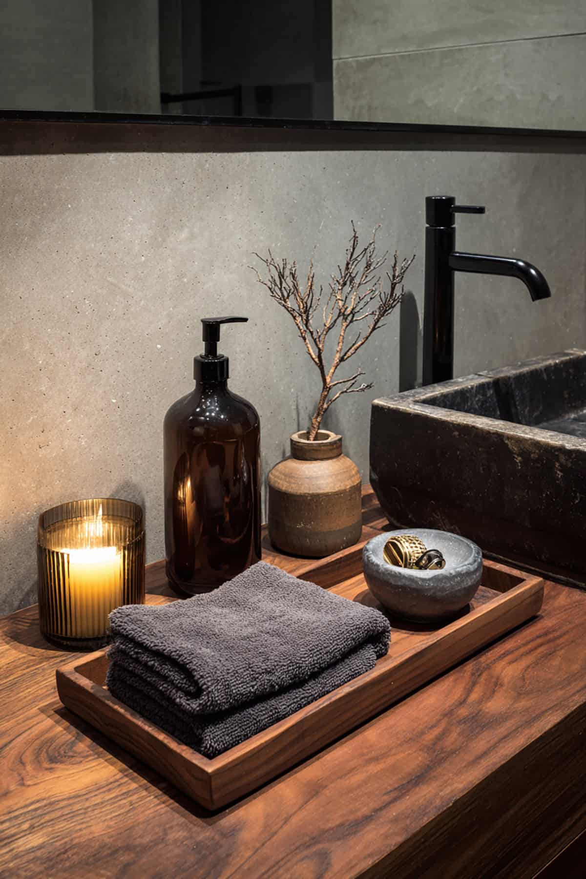 Moody Dark Vanity With Walnut Tray and Smoked Glass