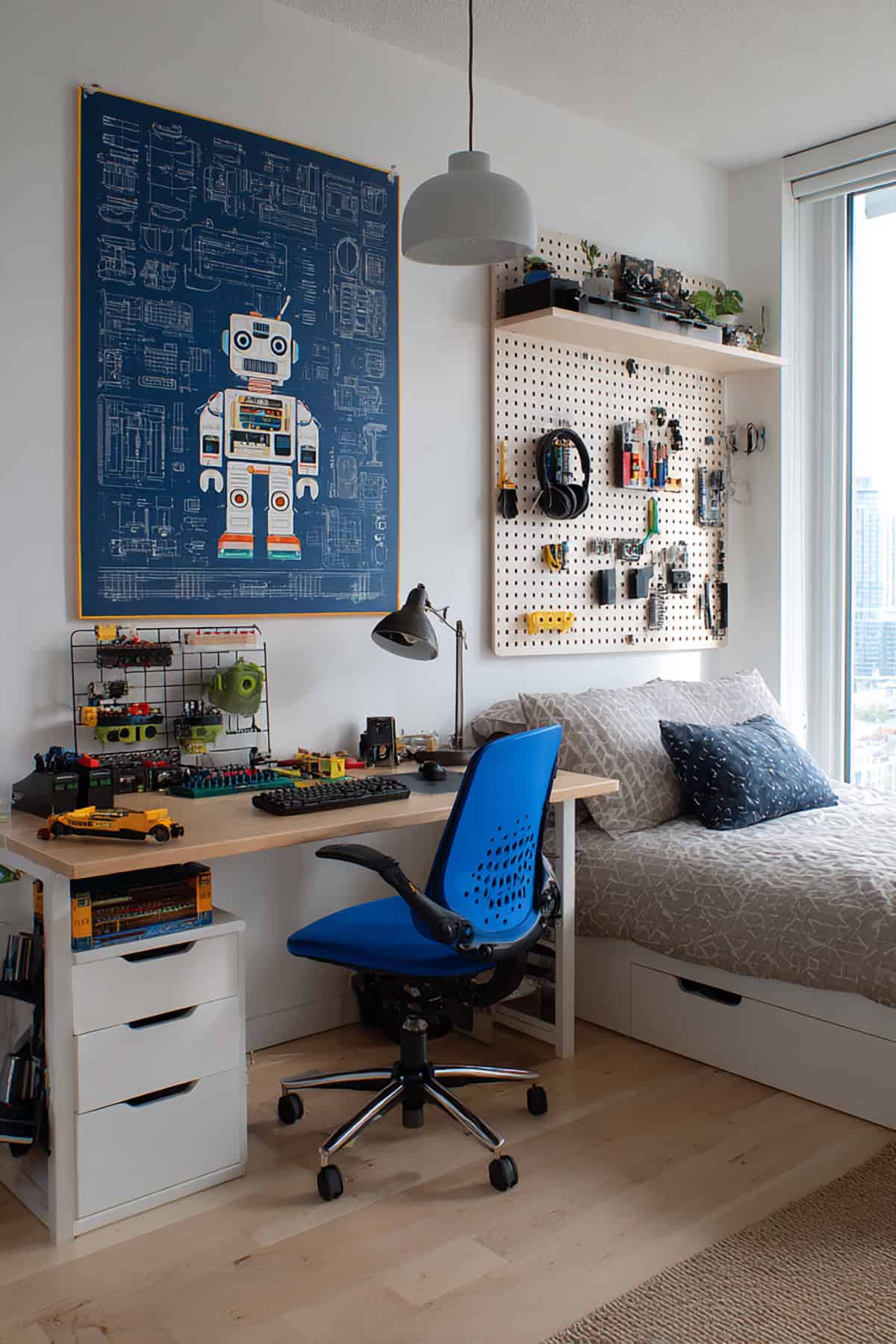 Robot Blueprint Wall + Tech Shelf