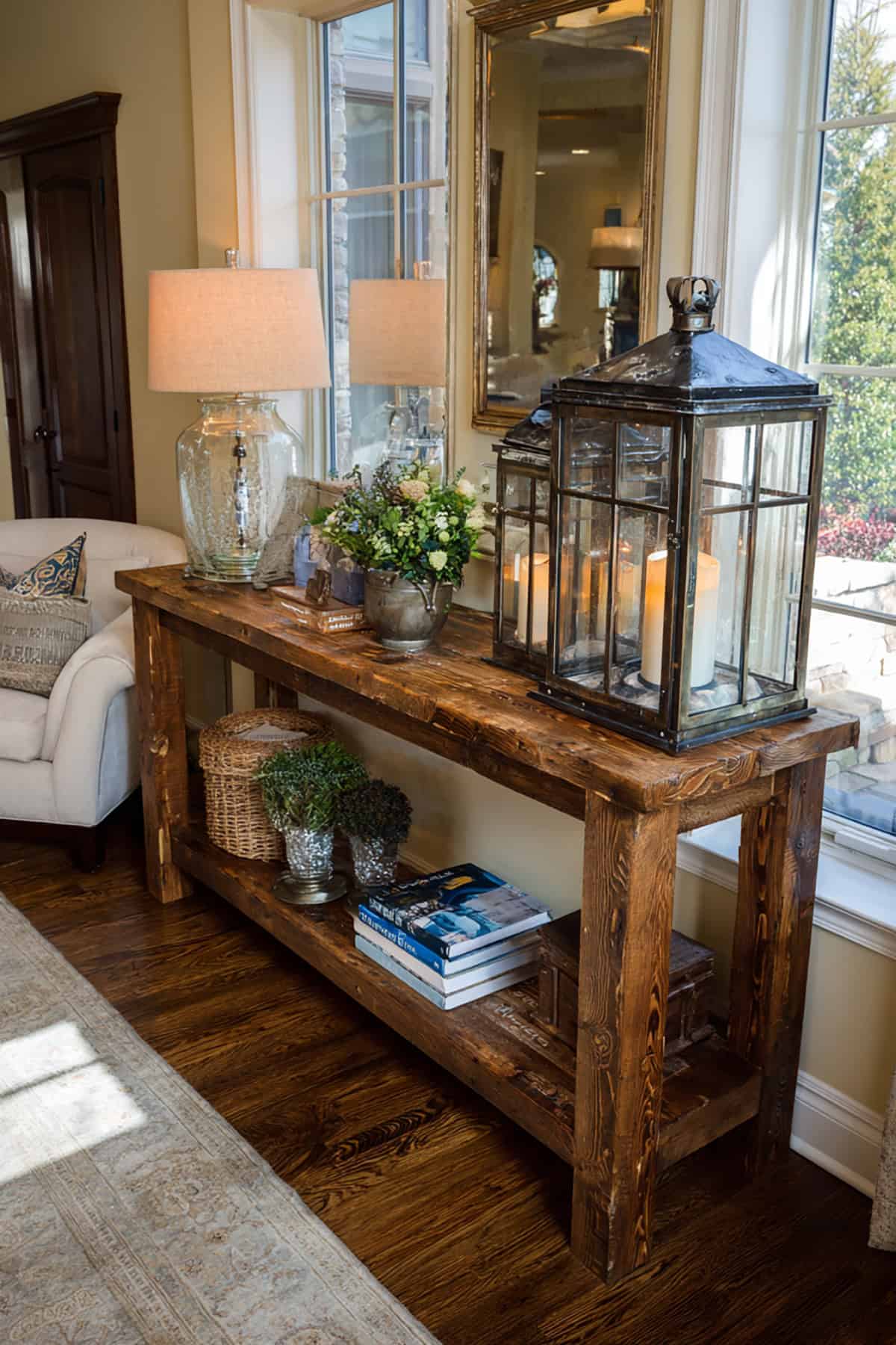 Rustic Wood Console Table With Lantern Decor