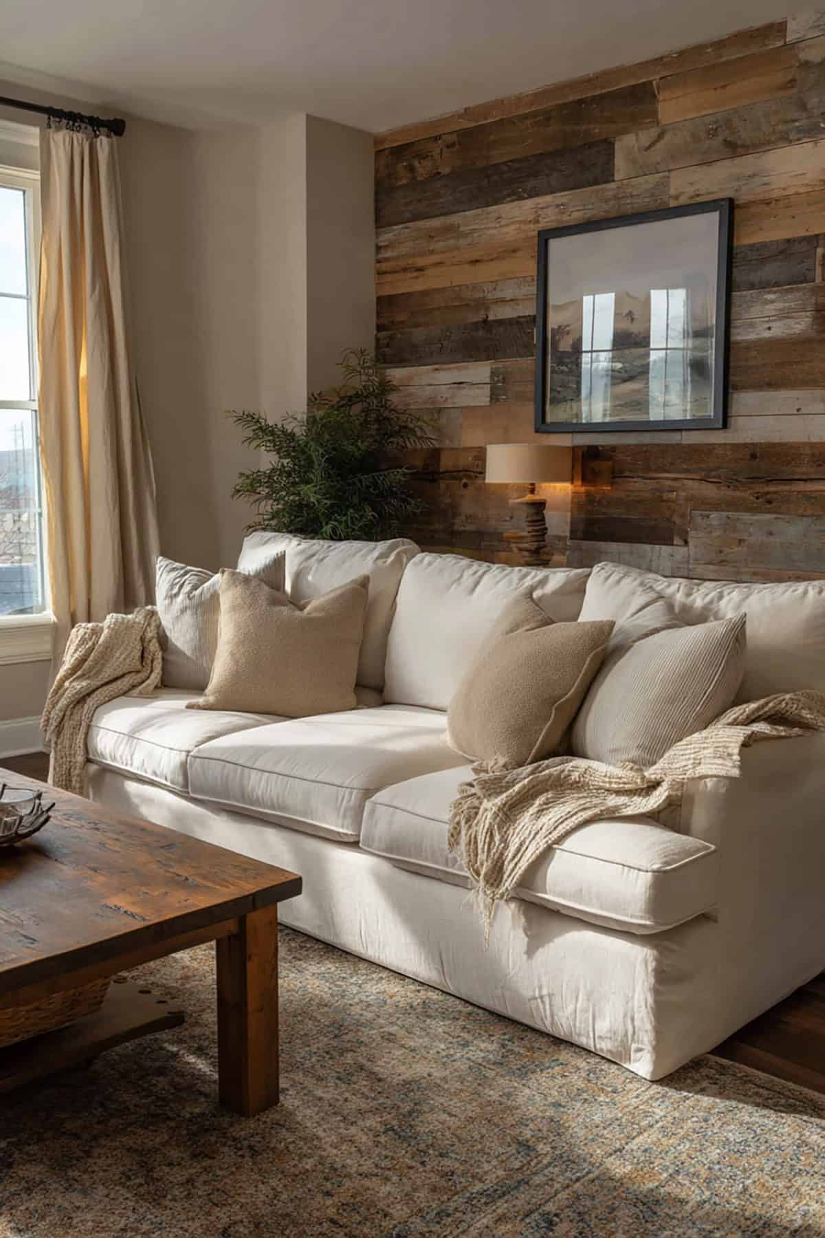 Shiplap Accent Wall Behind the Sofa
