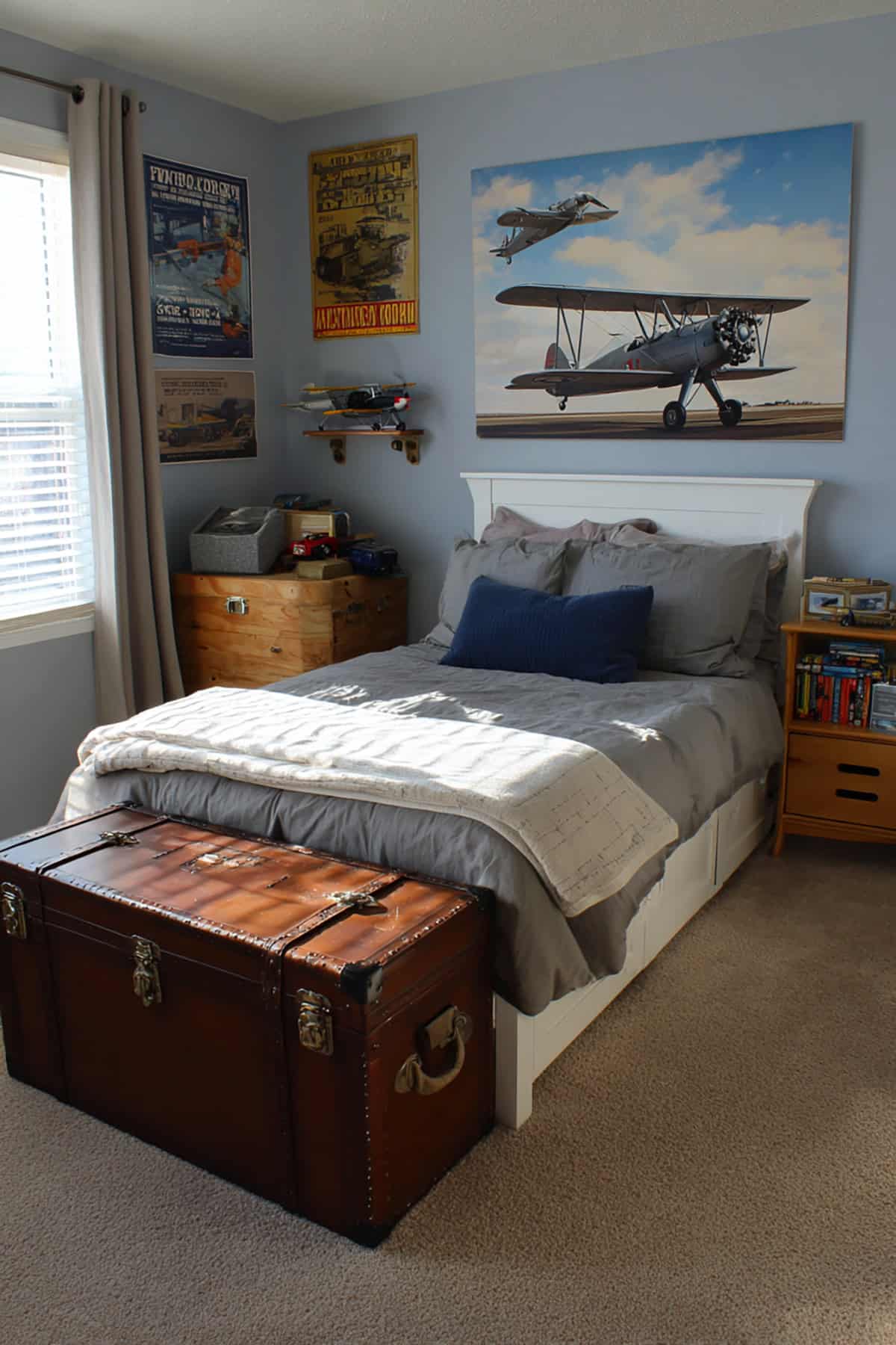 Vintage Airplane Wall + Travel Trunk Storage