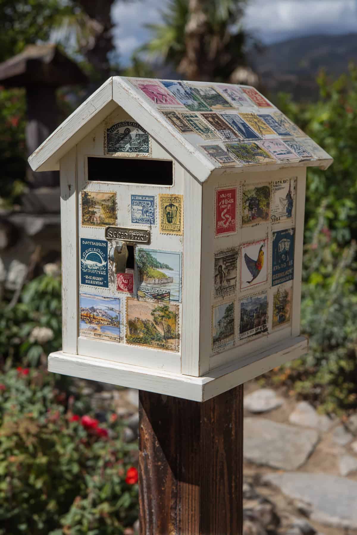Vintage Postage Stamp Collage Birdhouse