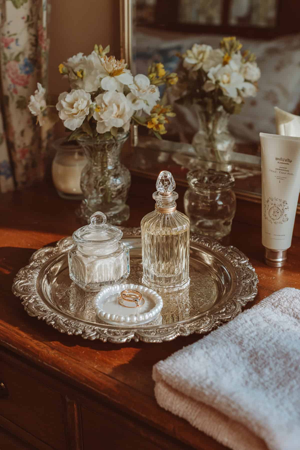 Vintage Silver Vanity Tray With Perfume and Pearl Dish