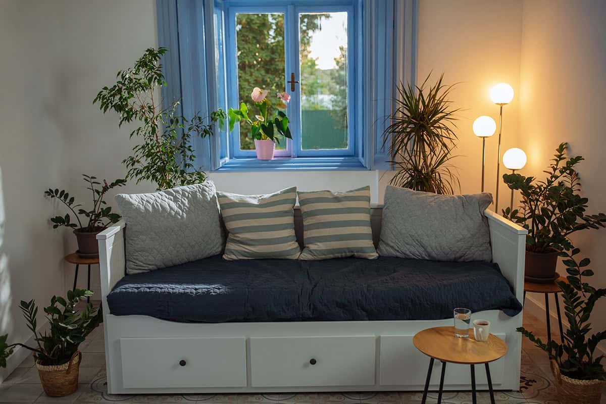 Blue Window Frame with Blue Daybed Sofa