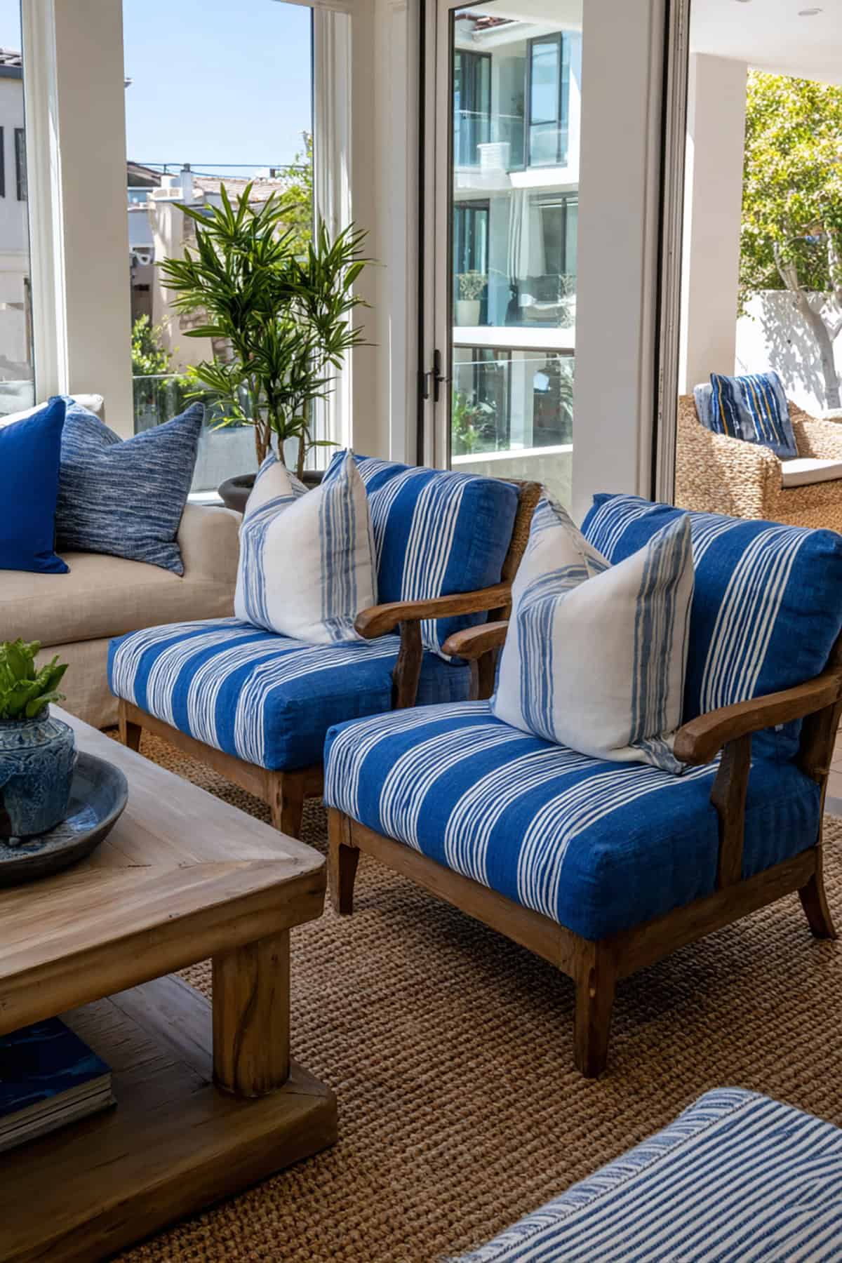 Blue and White Striped Accent Chairs with Neutral Sofa Balance