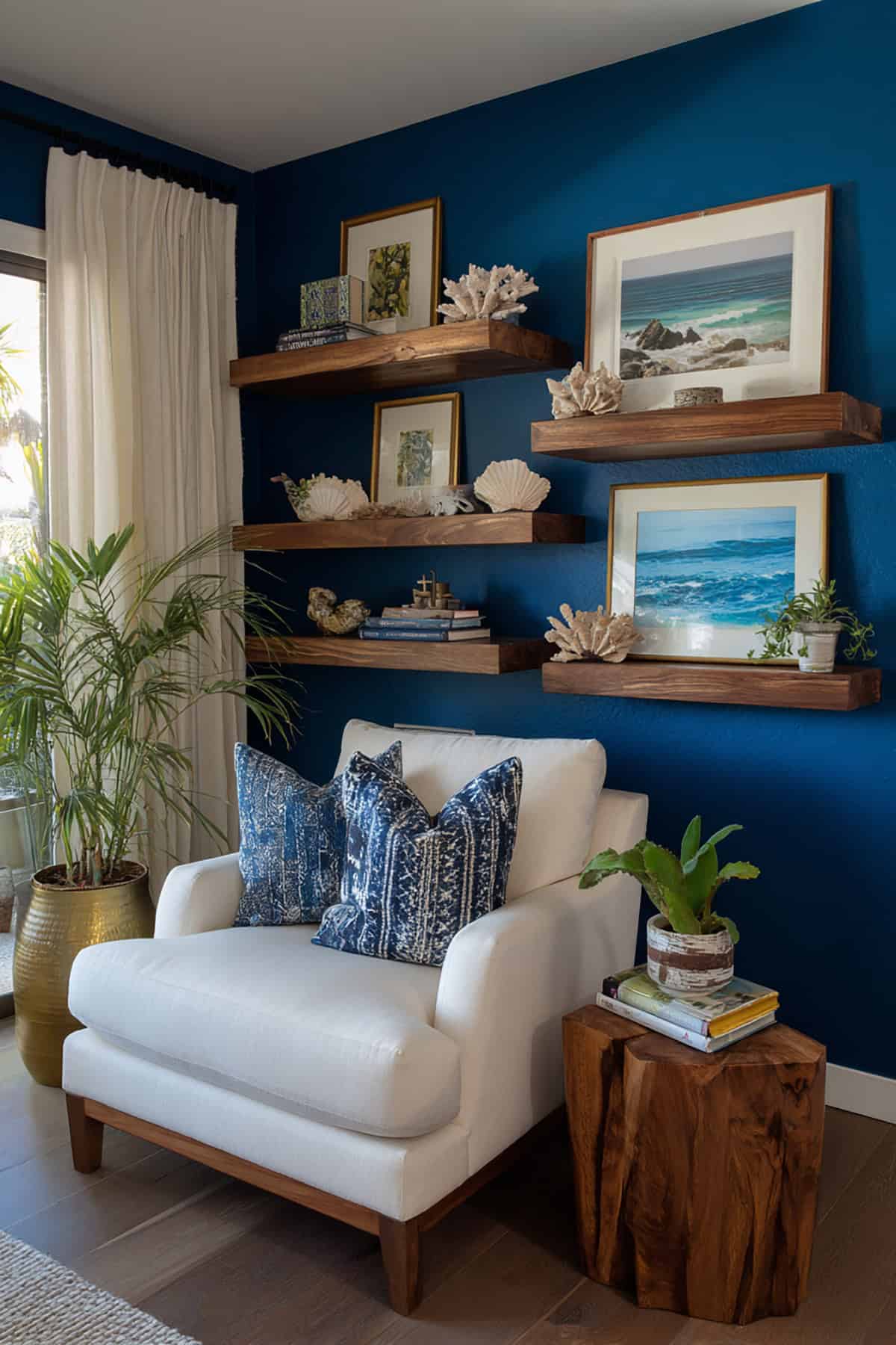 Bold Blue Accent Wall with Floating Shelves and Coastal Displays