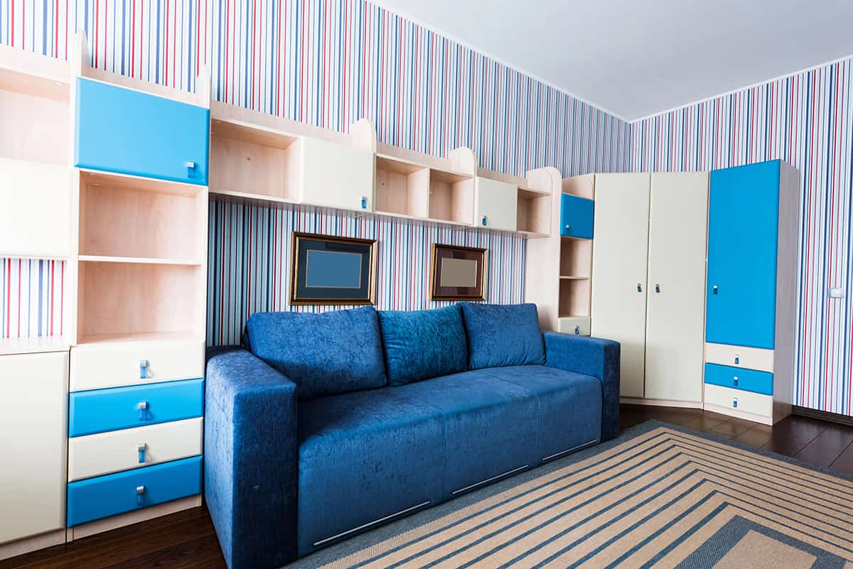 Built In Shelf Storage and Sofa With Blue Panel Accents