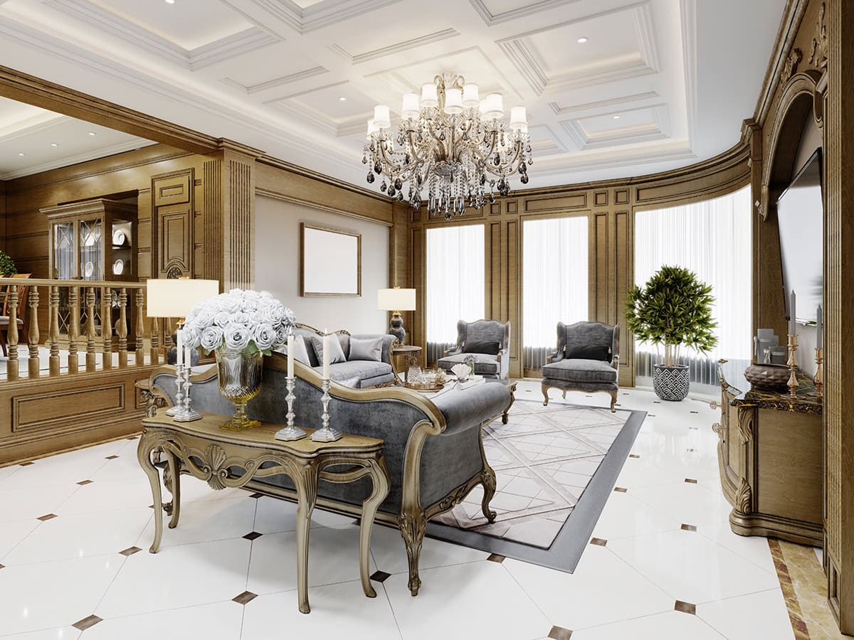 Classic Coffered Ceiling with Chandelier
