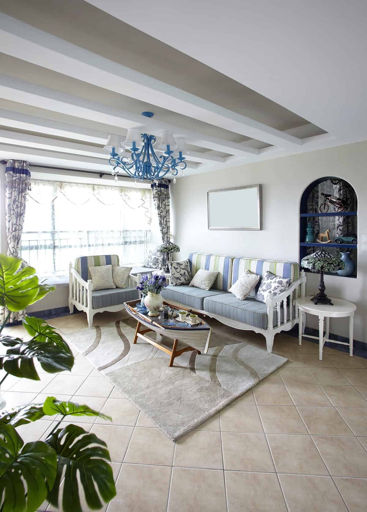 Coffered Ceiling With Coastal Blue Chandelier