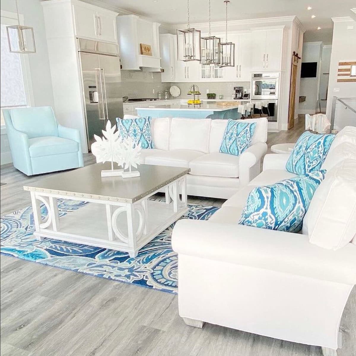 Matching Coastal striped Rug and Pillows for Cohesion
