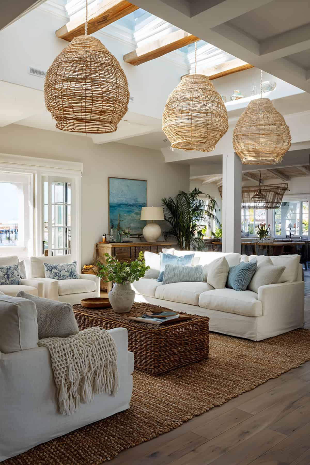 Rattan Pendant Lighting Over Neutral Seating Area with Natural Coastal Materials