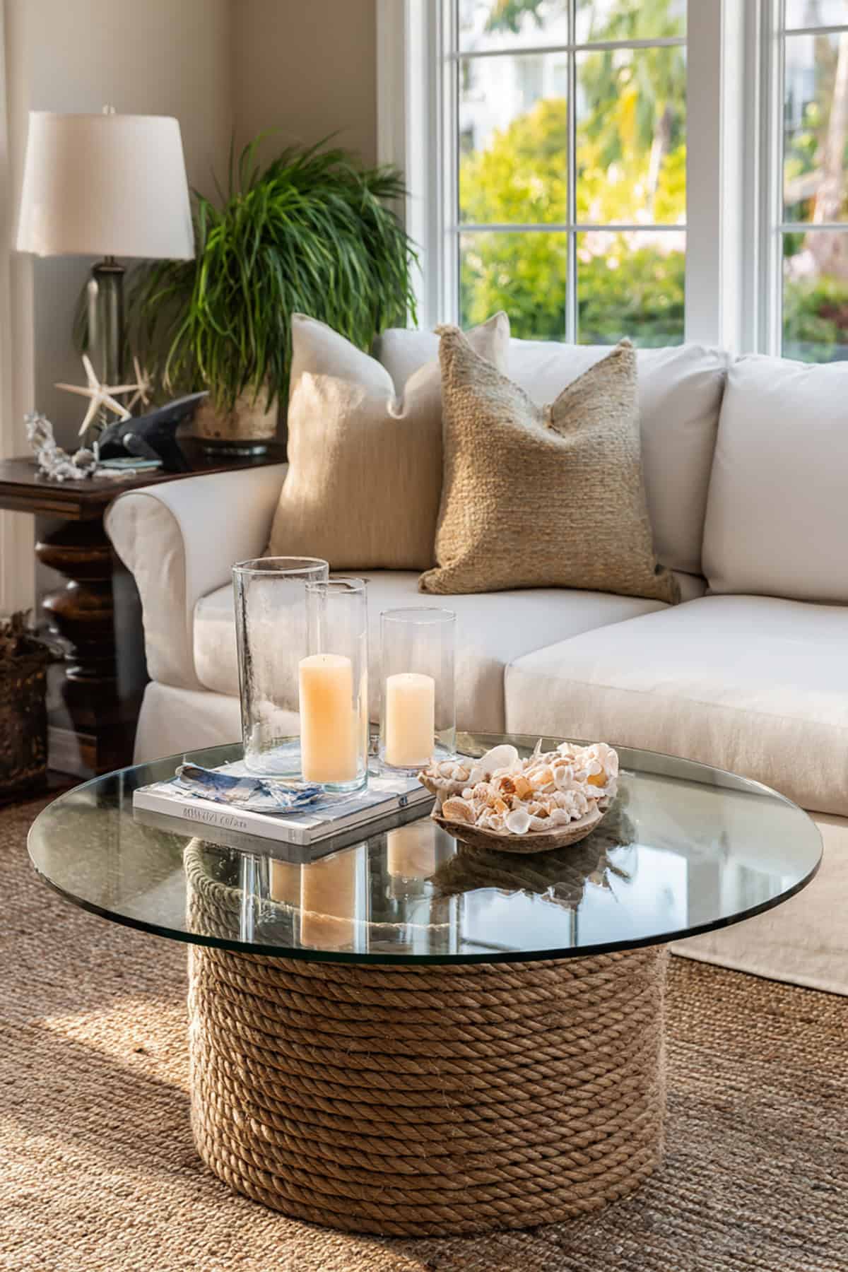 Rope Detail Coffee Table with Glass Top and Subtle Nautical Styling