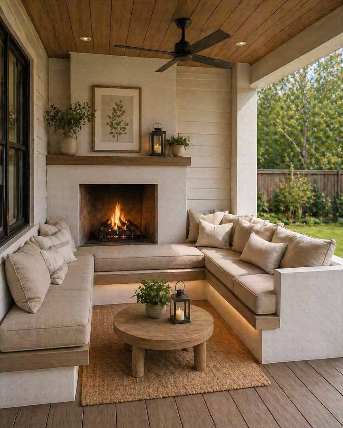 Back Porch with Built In Corner Fireplace Bench Combo