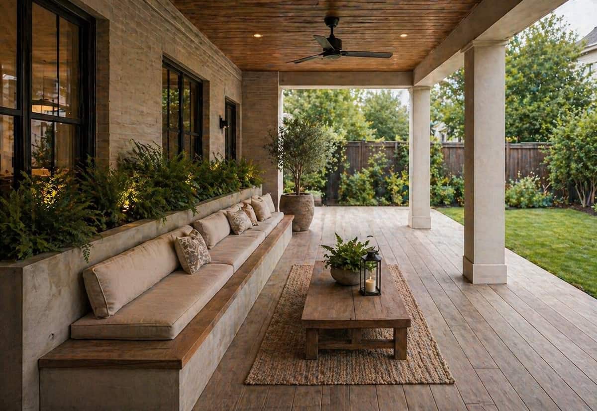 Back Porch with Built In Planter Bench Hybrid