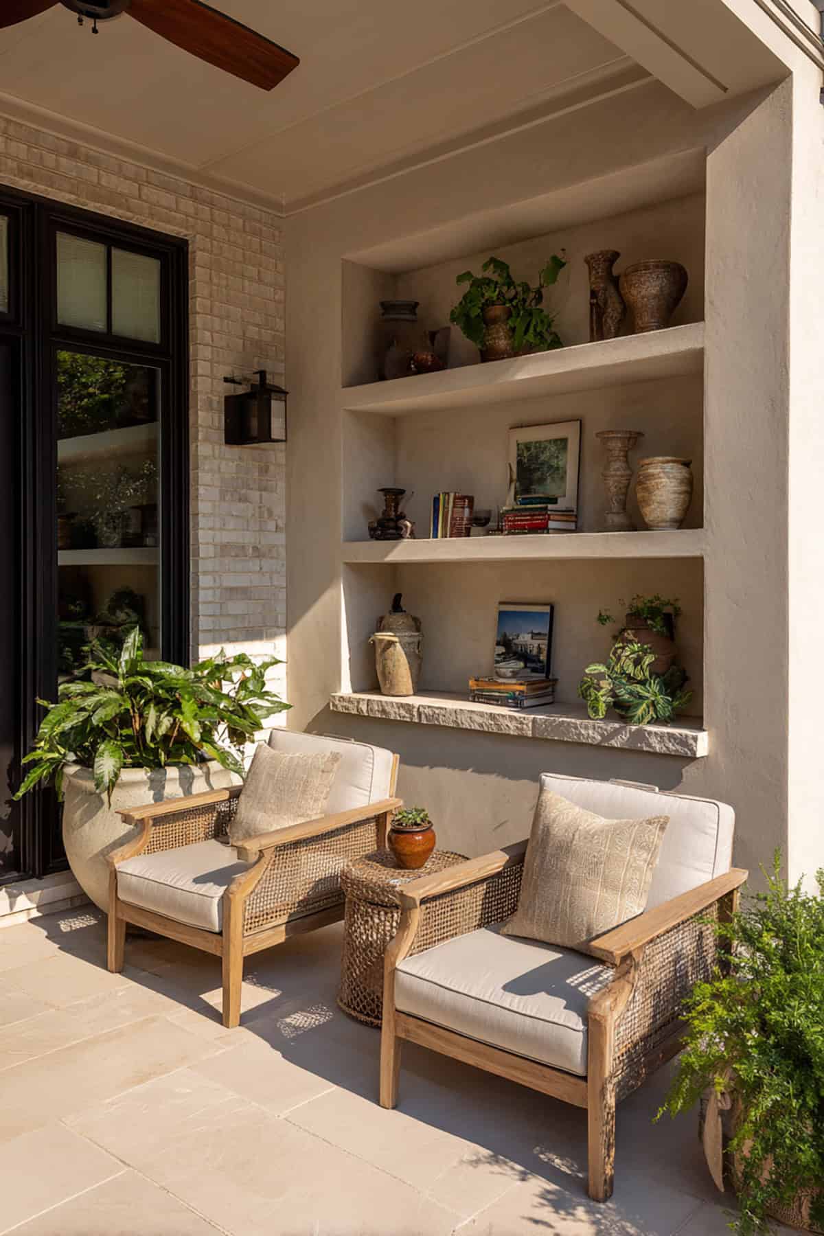 Back Porch with Built In Wall Niche Storage Display