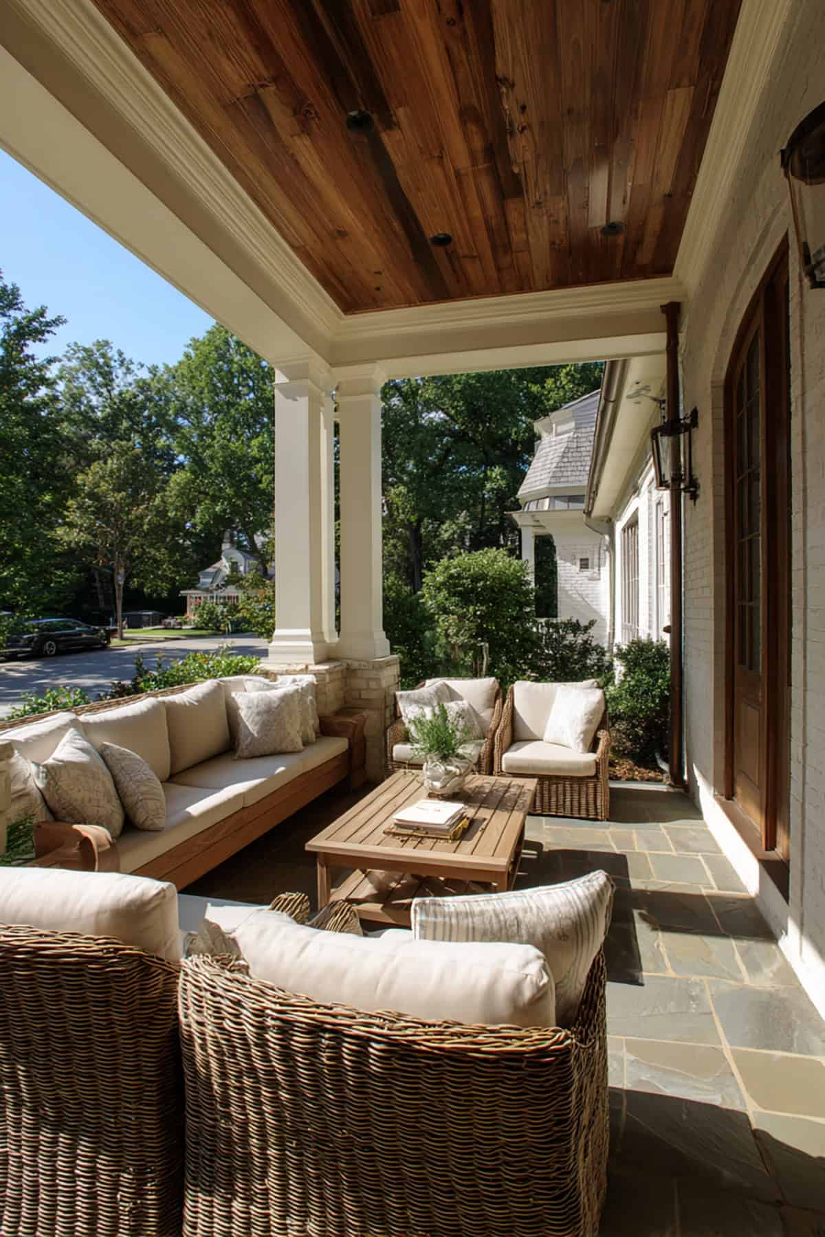 Back Porch with Built In Wood Ledge Seating Along Perimeter