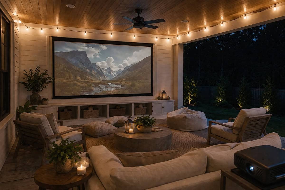 Back Porch with Outdoor Movie Screen Wall Setup