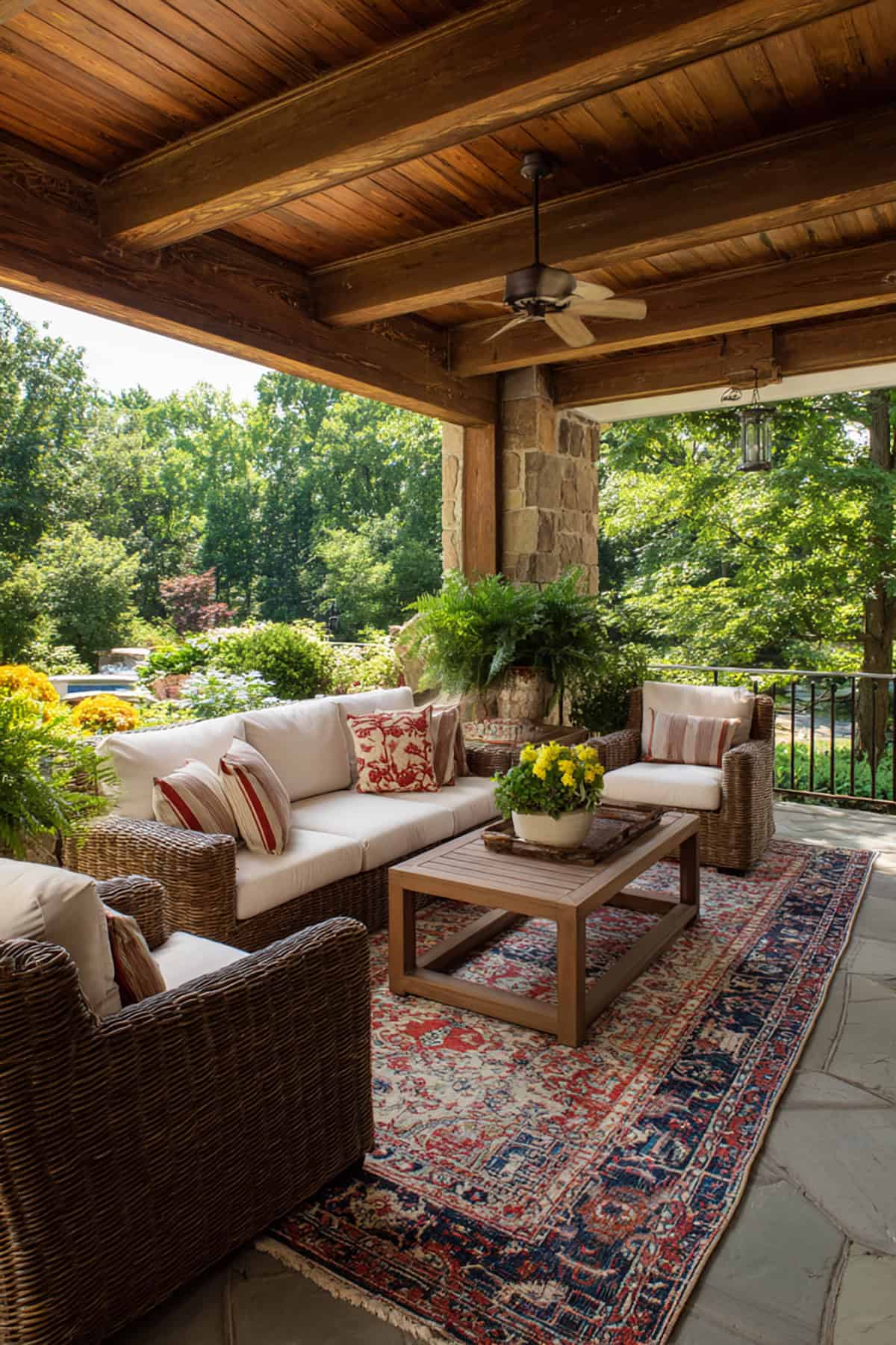 Back Porch with Outdoor Rug Defined Lounge Area