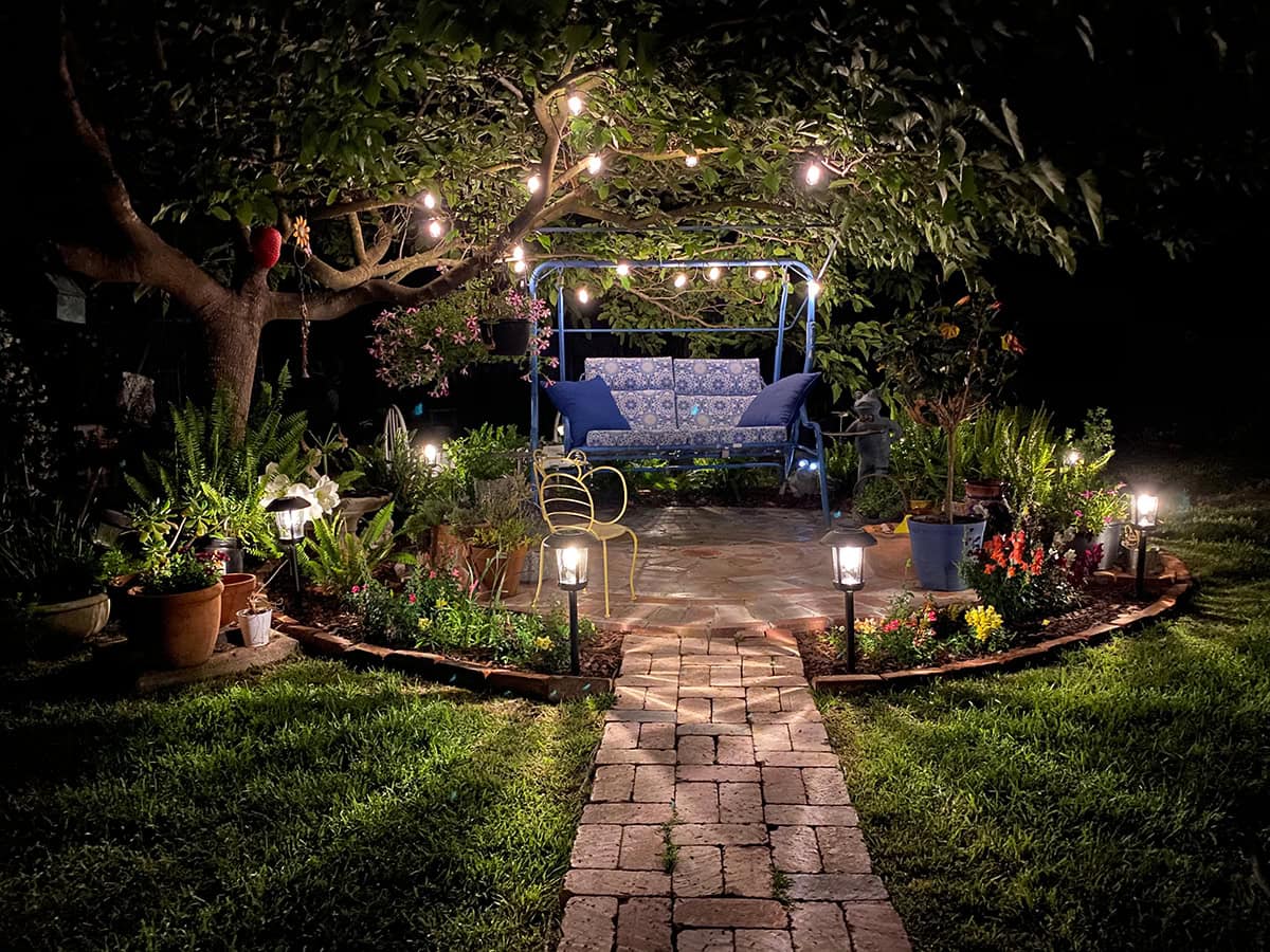 Backyard Fairy Nook After Dark with String Lights