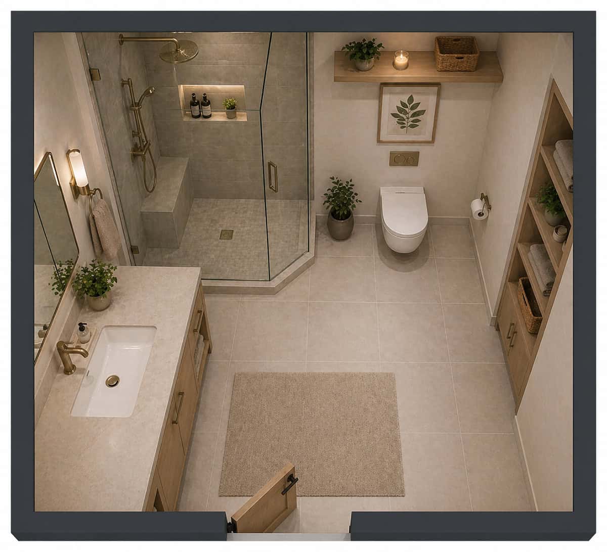 Balanced Square Bathroom with Defined Wet and Dry Zones top view