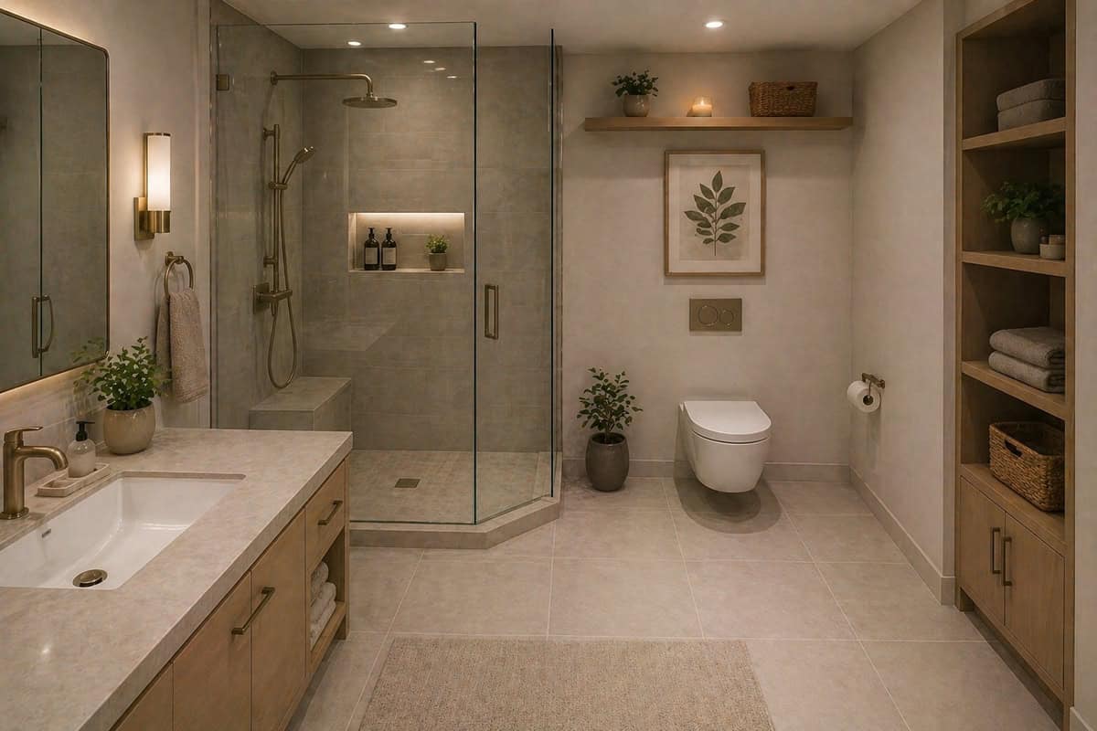 Balanced Square Bathroom with Defined Wet and Dry Zones