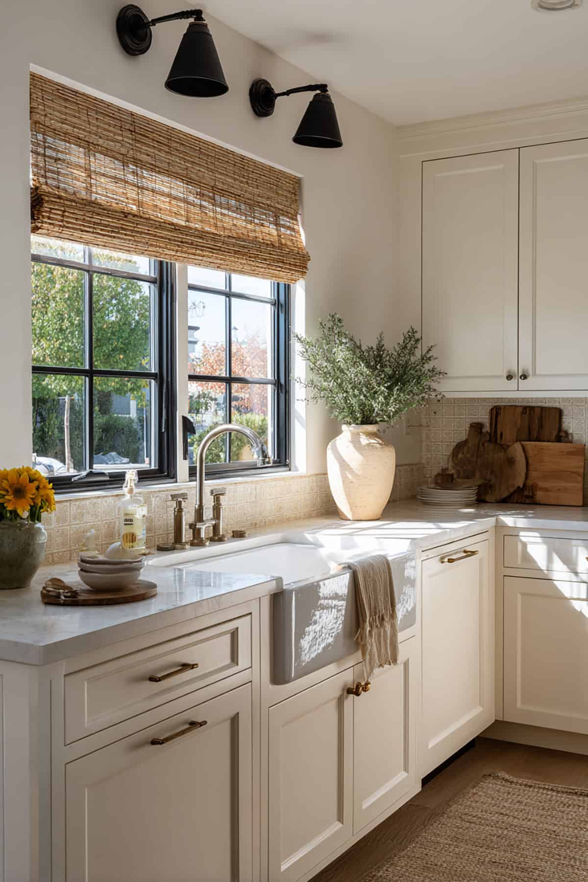 Bamboo Roman Shade with Dual Sconce Lighting