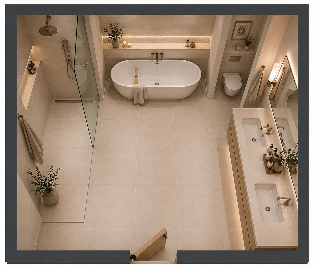 Bathtub Along the Back Wall with Left Shower and Right Vanity